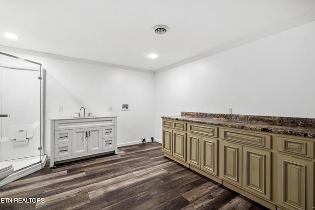 8307 Stoney View Ln, Corryton, TN 37721 - bathroom with ornamental molding, wood finished floors, vanity, a stall shower, and baseboards