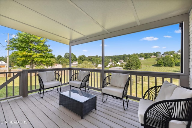 8307 Stoney View Ln, Corryton, TN 37721 - deck featuring an outdoor hangout area, a lawn, and view of scattered trees