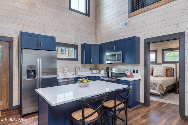 kitchen with stainless steel appliances, blue cabinets, wooden walls, a high ceiling, and a sink