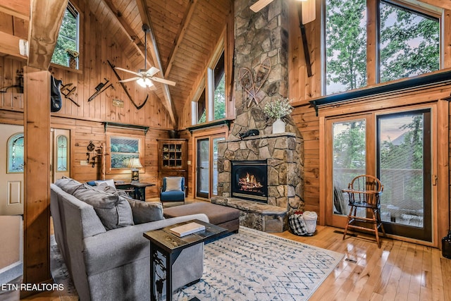 813 Pine Top Ln, Gatlinburg, TN 37738 - living area with a ceiling fan, high vaulted ceiling, wooden ceiling with exposed beams, hardwood / wood-style flooring, and wood walls