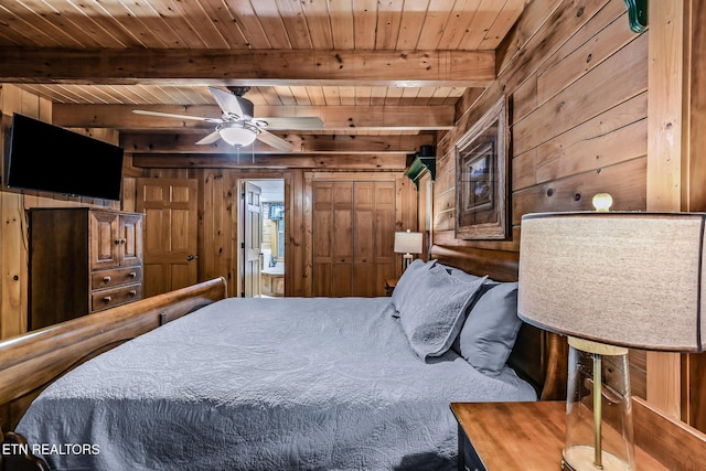 813 Pine Top Ln, Gatlinburg, TN 37738 - bedroom featuring wooden walls and wood ceiling with exposed beams