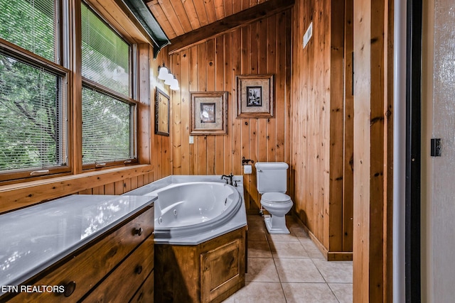 813 Pine Top Ln, Gatlinburg, TN 37738 - full bathroom featuring toilet, a jetted tub, tile patterned floors, wooden walls, and wooden ceiling
