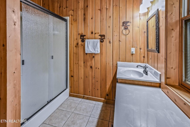 813 Pine Top Ln, Gatlinburg, TN 37738 - bathroom featuring a stall shower, wood walls, vanity, tile patterned flooring, and baseboards
