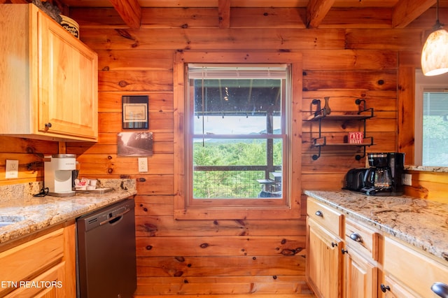 4186 Evans Chapel Rd, Sevierville, TN 37876 - kitchen with dishwashing machine, beamed ceiling, light brown cabinetry, wood walls, and light stone countertops