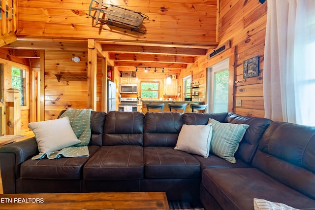 4186 Evans Chapel Rd, Sevierville, TN 37876 - living room featuring wooden walls and beamed ceiling