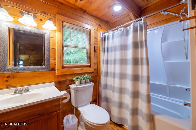 4186 Evans Chapel Rd, Sevierville, TN 37876 - bathroom with wooden walls, vanity, wooden ceiling, toilet, and shower / bath combo with shower curtain