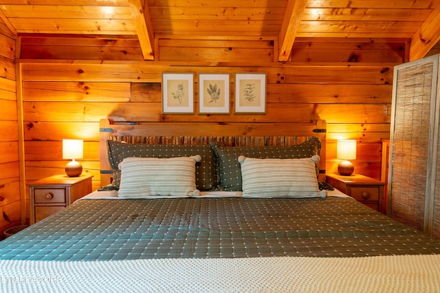 4186 Evans Chapel Rd, Sevierville, TN 37876 - bedroom with wood ceiling, wooden walls, and beam ceiling