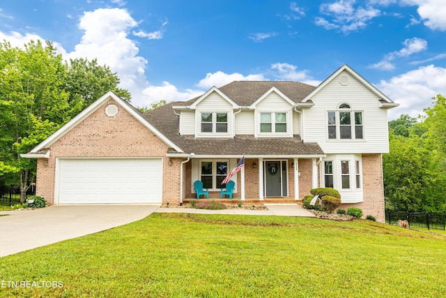 traditional-style home with a porch, brick siding, a garage, concrete driveway, and roof with shingles