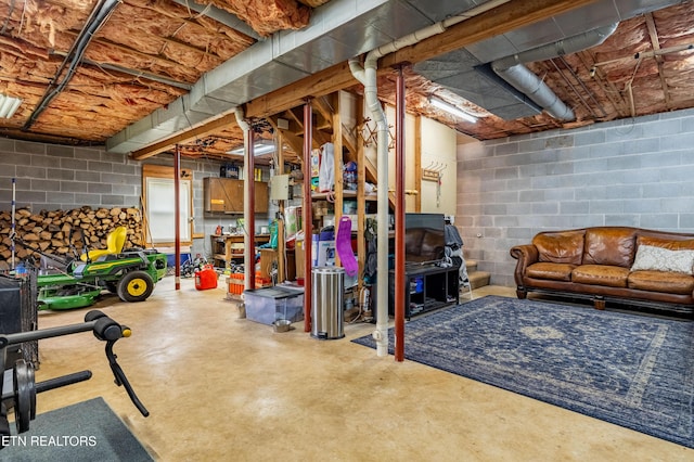 unfinished basement featuring concrete block wall