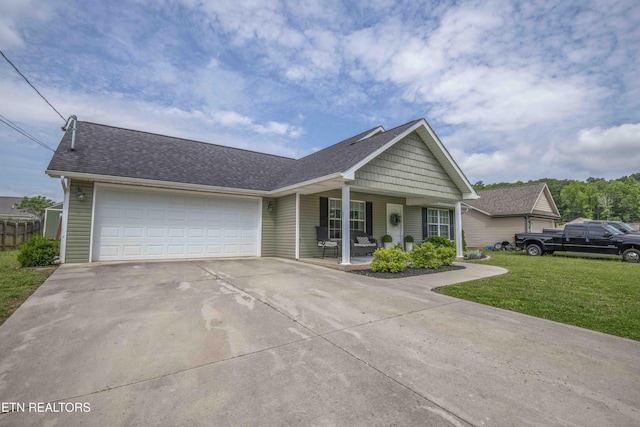 155 Signet Ln, Maynardville, TN 37807 - single story home featuring covered porch, driveway, a front yard, a garage, and roof with shingles