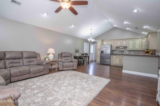 155 Signet Ln, Maynardville, TN 37807 - living room with ceiling fan, dark wood finished floors, a chandelier, high vaulted ceiling, and recessed lighting