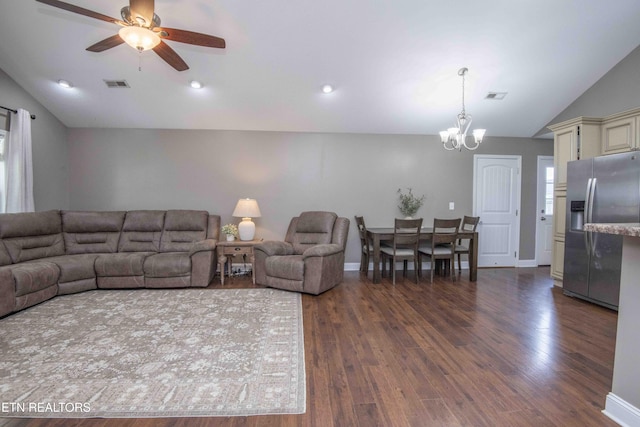 155 Signet Ln, Maynardville, TN 37807 - living area featuring vaulted ceiling, a chandelier, a ceiling fan, and dark wood-type flooring