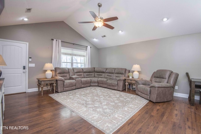 155 Signet Ln, Maynardville, TN 37807 - living room featuring ceiling fan, lofted ceiling, dark wood finished floors, baseboards, and recessed lighting