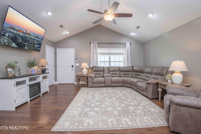 155 Signet Ln, Maynardville, TN 37807 - living area with vaulted ceiling, dark wood-style floors, a ceiling fan, and recessed lighting