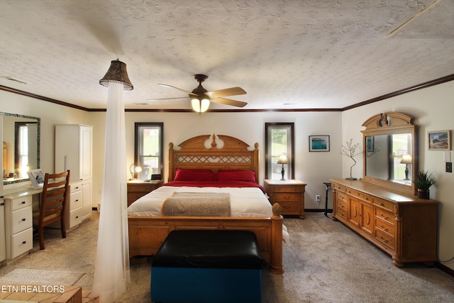 4708 Springbrook Rd, Knoxville, TN 37921 - bedroom with light colored carpet, a textured ceiling, ornamental molding, and a ceiling fan