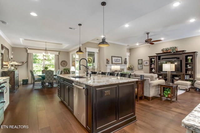 123 Seminole Ln, Loudon, TN 37774 - kitchen with a sink, stainless steel dishwasher, dark wood-style floors, ceiling fan, and crown molding