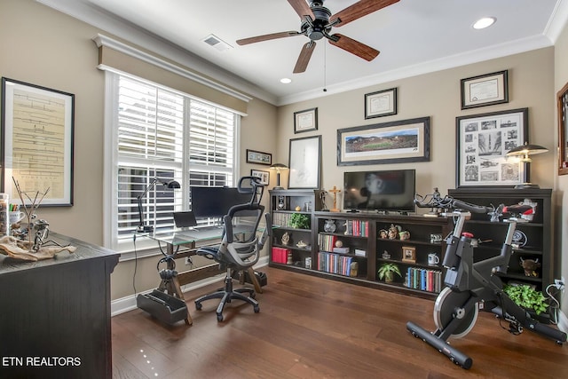 123 Seminole Ln, Loudon, TN 37774 - office featuring a ceiling fan, crown molding, wood finished floors, recessed lighting, and baseboards
