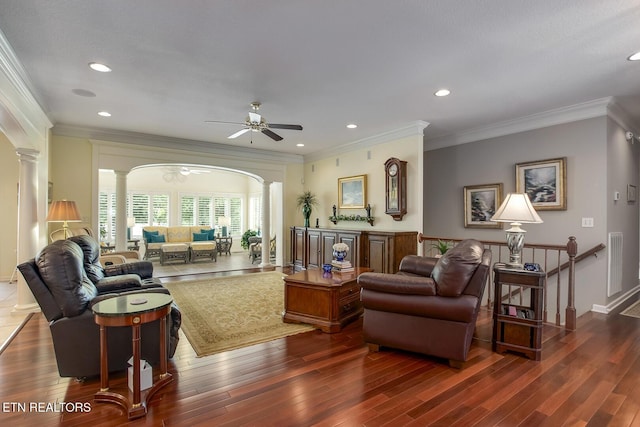 162 Tanasi Lagoon Dr, Loudon, TN 37774 - living room with ceiling fan, ornate columns, wood finished floors, arched walkways, and recessed lighting