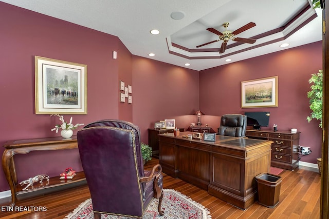 162 Tanasi Lagoon Dr, Loudon, TN 37774 - office area featuring a ceiling fan, a tray ceiling, wood finished floors, and baseboards