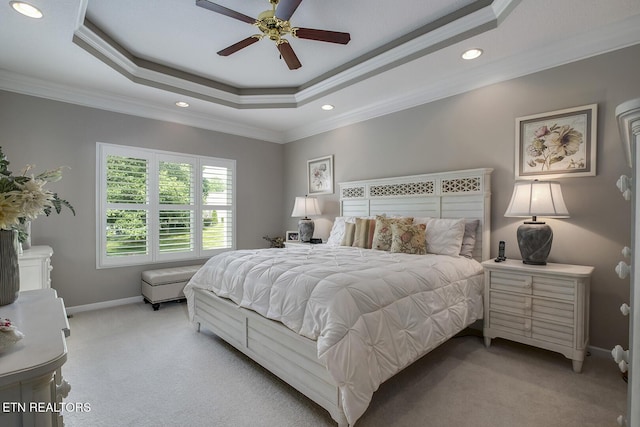 162 Tanasi Lagoon Dr, Loudon, TN 37774 - bedroom featuring light colored carpet, ornamental molding, baseboards, a tray ceiling, and recessed lighting