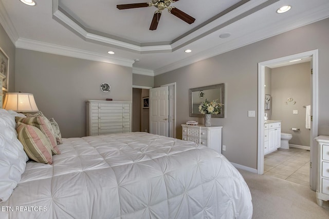 162 Tanasi Lagoon Dr, Loudon, TN 37774 - bedroom featuring crown molding, recessed lighting, light colored carpet, a raised ceiling, and ensuite bath