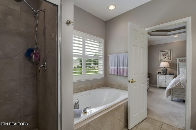 162 Tanasi Lagoon Dr, Loudon, TN 37774 - ensuite bathroom featuring a garden tub, tiled shower, ornamental molding, tile patterned flooring, and recessed lighting