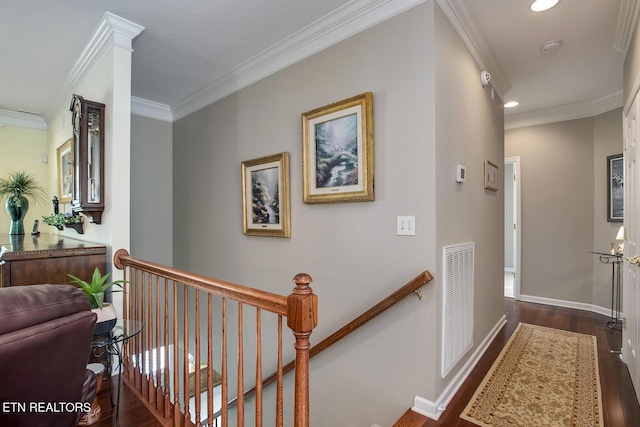 162 Tanasi Lagoon Dr, Loudon, TN 37774 - hallway with an upstairs landing, dark wood-style flooring, ornamental molding, recessed lighting, and baseboards
