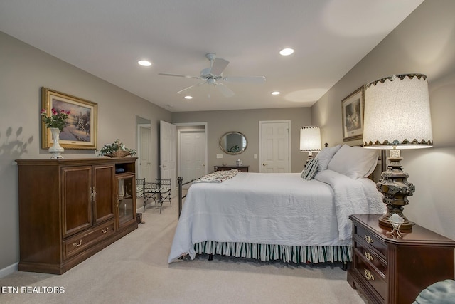162 Tanasi Lagoon Dr, Loudon, TN 37774 - bedroom with light colored carpet, multiple closets, recessed lighting, and ceiling fan