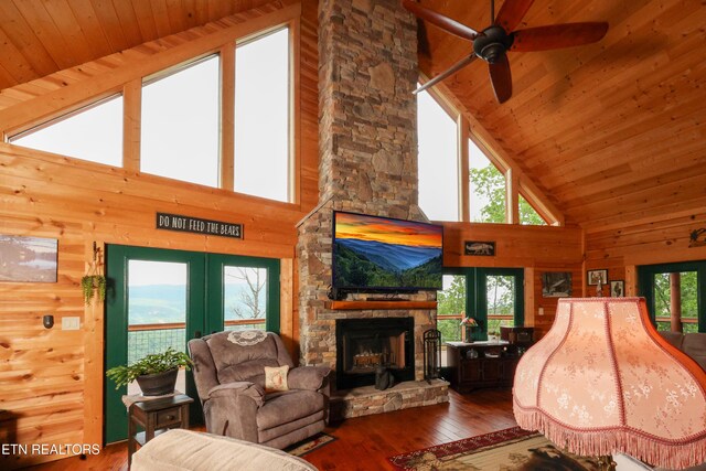 2266 Lone Ridge Dr, Sevierville, TN 37862 - living room with high vaulted ceiling, healthy amount of natural light, hardwood / wood-style flooring, a ceiling fan, and wooden ceiling