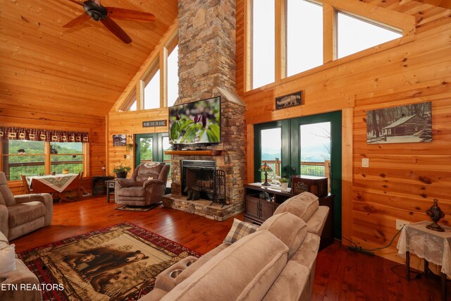 2266 Lone Ridge Dr, Sevierville, TN 37862 - living area featuring high vaulted ceiling, wooden walls, a fireplace, wooden ceiling, and wood-type flooring