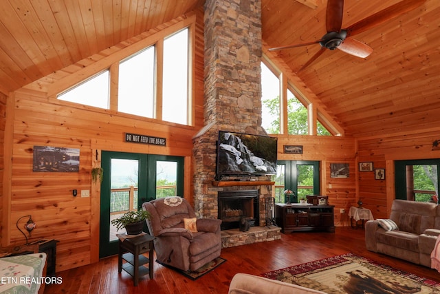 2266 Lone Ridge Dr, Sevierville, TN 37862 - living area featuring high vaulted ceiling, wooden ceiling, a stone fireplace, wood-type flooring, and a ceiling fan