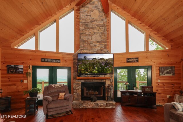 2266 Lone Ridge Dr, Sevierville, TN 37862 - living room with french doors, high vaulted ceiling, wood-type flooring, wood ceiling, and a fireplace