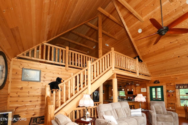 2266 Lone Ridge Dr, Sevierville, TN 37862 - living room with wooden ceiling, high vaulted ceiling, wooden walls, ceiling fan, and stairs
