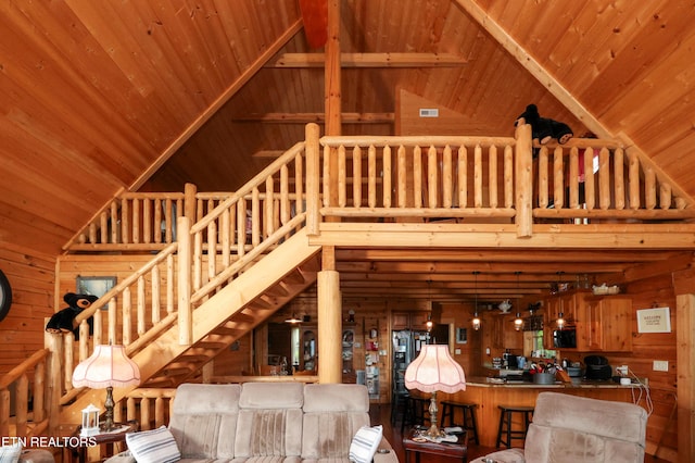 2266 Lone Ridge Dr, Sevierville, TN 37862 - living room with high vaulted ceiling, wood walls, and wood ceiling