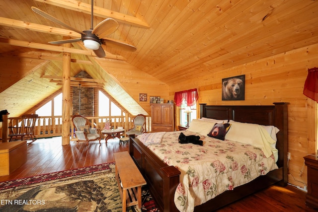 2266 Lone Ridge Dr, Sevierville, TN 37862 - bedroom with wood ceiling, wooden walls, and dark wood finished floors