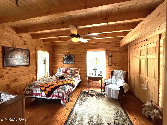 2266 Lone Ridge Dr, Sevierville, TN 37862 - bedroom with beamed ceiling, hardwood / wood-style floors, wooden ceiling, wooden walls, and a ceiling fan