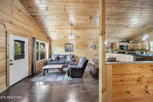 living area featuring vaulted ceiling, wood ceiling, dark wood-style flooring, and wood walls