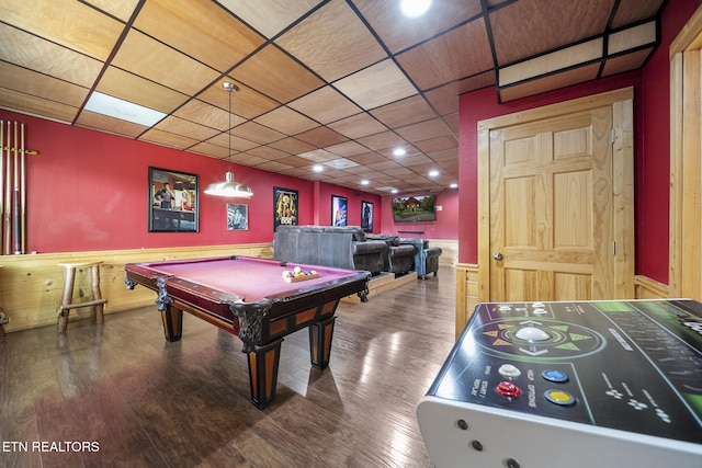 rec room featuring wainscoting, wood finished floors, pool table, and a drop ceiling