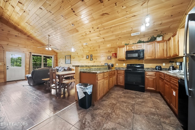 kitchen with black appliances, a peninsula, wood walls, open floor plan, and wood ceiling