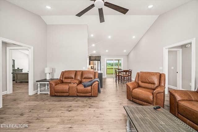 27 Jesse Loop, Crossville, TN 38555 - living area featuring high vaulted ceiling, ceiling fan, light wood-type flooring, baseboards, and recessed lighting