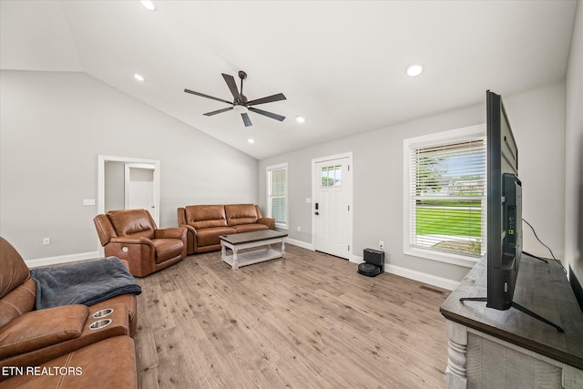 27 Jesse Loop, Crossville, TN 38555 - living room featuring a ceiling fan, light wood-style floors, baseboards, recessed lighting, and high vaulted ceiling