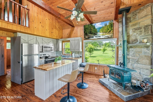 2892 N York Hwy, Pall Mall, TN 38577 - kitchen with appliances with stainless steel finishes, a wood stove, wooden ceiling, butcher block counters, and ceiling fan
