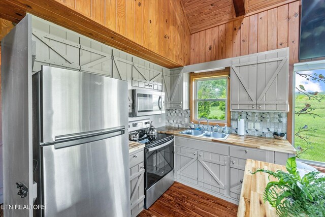 2892 N York Hwy, Pall Mall, TN 38577 - kitchen with stainless steel appliances, a sink, backsplash, lofted ceiling, and dark wood-type flooring