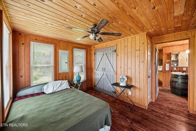 2892 N York Hwy, Pall Mall, TN 38577 - bedroom featuring wood ceiling, wood walls, wood-type flooring, electric panel, and a sink