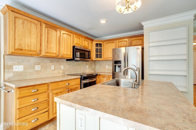 4913 Ivy Rose Dr, Knoxville, TN 37918 - kitchen featuring appliances with stainless steel finishes, a sink, ornamental molding, decorative backsplash, and light countertops
