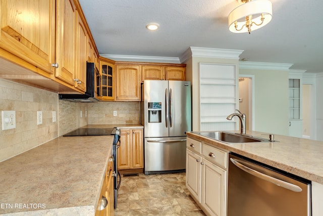 4913 Ivy Rose Dr, Knoxville, TN 37918 - kitchen featuring stainless steel appliances, a sink, ornamental molding, glass insert cabinets, and decorative backsplash