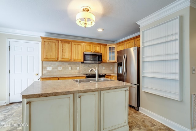 4913 Ivy Rose Dr, Knoxville, TN 37918 - kitchen with stainless steel appliances, baseboards, crown molding, light stone counters, and backsplash