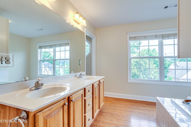 4913 Ivy Rose Dr, Knoxville, TN 37918 - bathroom featuring wood finished floors, double vanity, baseboards, and tiled bath
