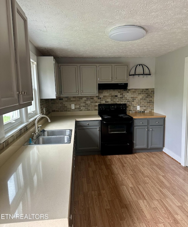 503 S Ruth St, Maryville, TN 37803 - kitchen featuring electric range, under cabinet range hood, a sink, a textured ceiling, and gray cabinets