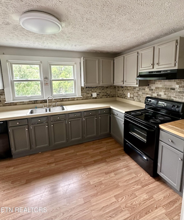 503 S Ruth St, Maryville, TN 37803 - kitchen with electric range, under cabinet range hood, a sink, gray cabinets, and light wood-type flooring